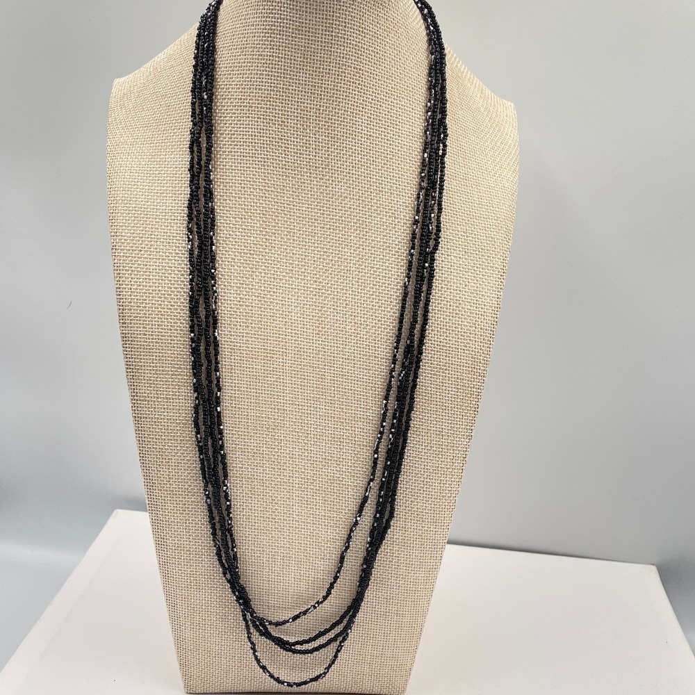 Bohemian Southwestern White Black Seed Beaded Multi-Stranded Opera Necklace